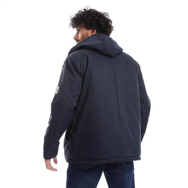 Zipper Closure Double Face Waterproof Jacket - Navy Blue, Red & White