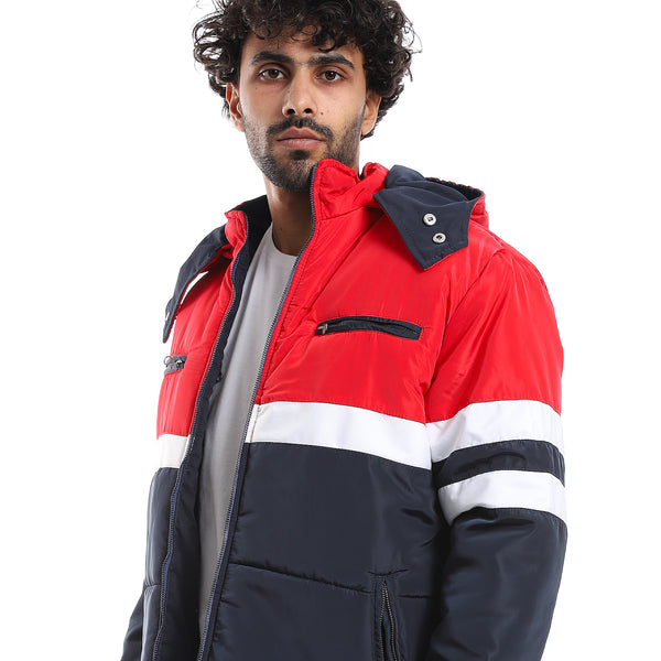 Zipper Closure Double Face Waterproof Jacket - Navy Blue, Red & White