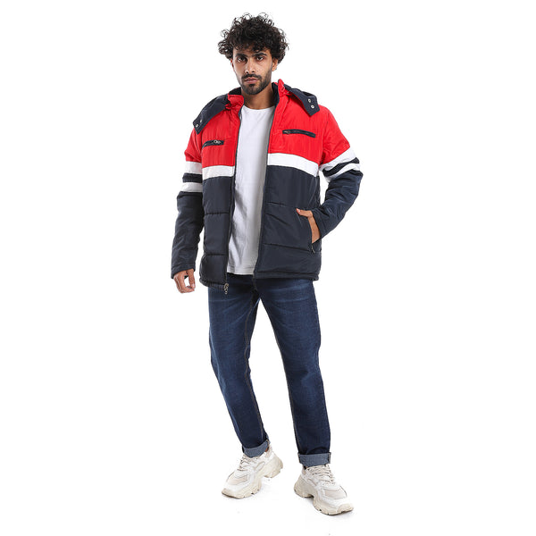 Zipper Closure Double Face Waterproof Jacket - Navy Blue, Red & White