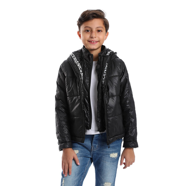 Quilted Pattern Two Zippered Pockets Boys Jacket - Black