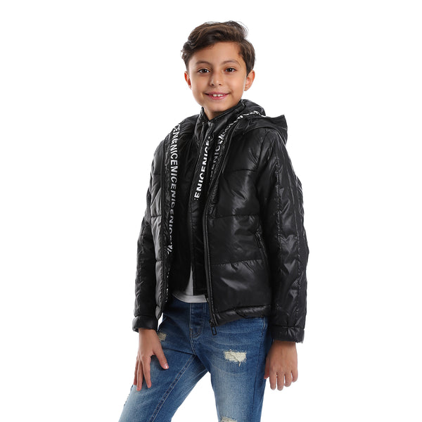 Quilted Pattern Two Zippered Pockets Boys Jacket - Black
