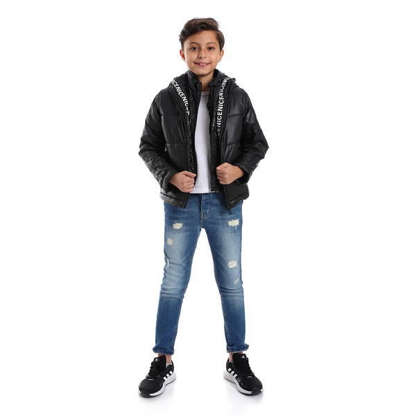 Quilted Pattern Two Zippered Pockets Boys Jacket - Black