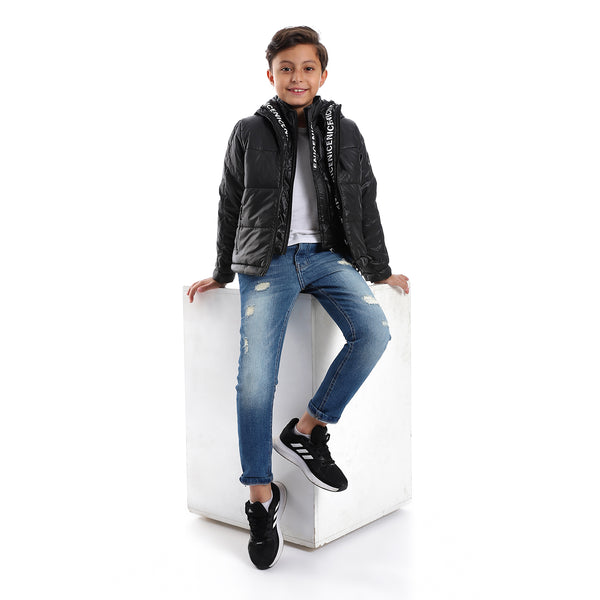 Quilted Pattern Two Zippered Pockets Boys Jacket - Black