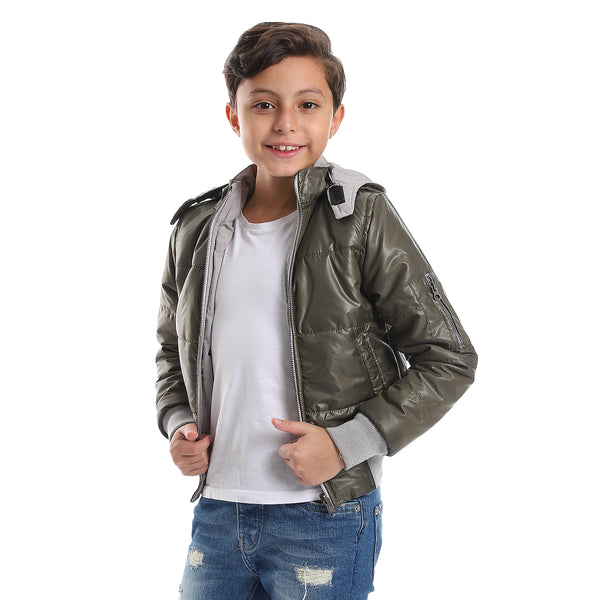 Zipper Closure Double Face Printed & Waterproof Boys Jacket - Olive Green & Light Grey