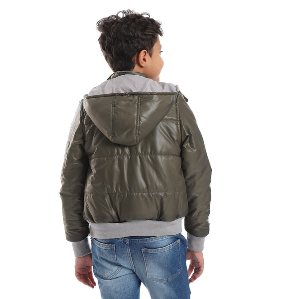 Zipper Closure Double Face Printed & Waterproof Boys Jacket - Olive Green & Light Grey