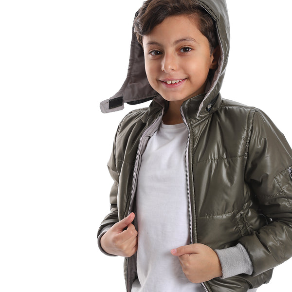 Zipper Closure Double Face Printed & Waterproof Boys Jacket - Olive Green & Light Grey