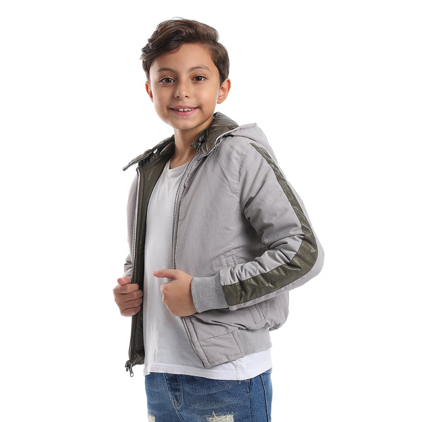 Zipper Closure Double Face Printed & Waterproof Boys Jacket - Olive Green & Light Grey