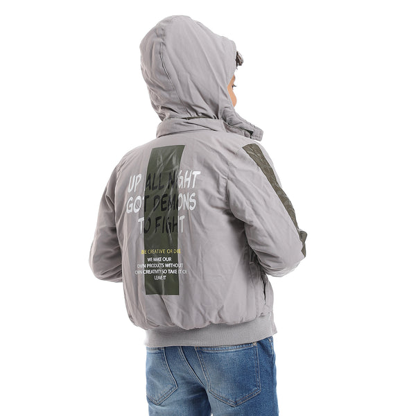 Zipper Closure Double Face Printed & Waterproof Boys Jacket - Olive Green & Light Grey