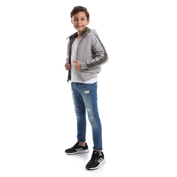 Zipper Closure Double Face Printed & Waterproof Boys Jacket - Olive Green & Light Grey