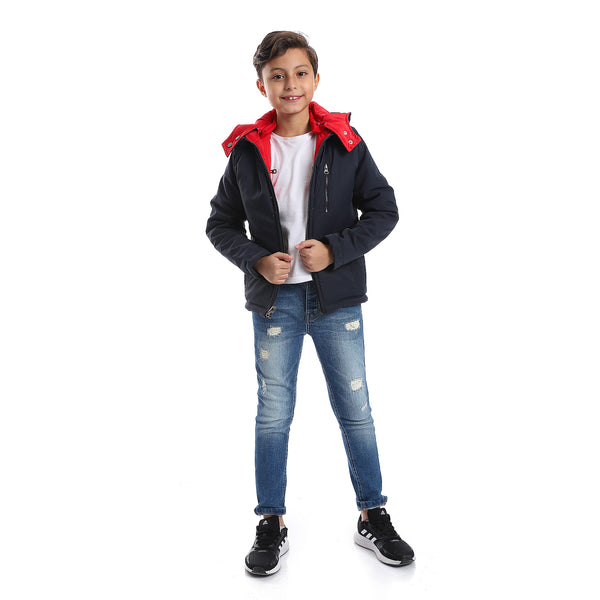 Zipper Closure Double Face Waterproof Boys Jacket - Navy Blue, Red & White