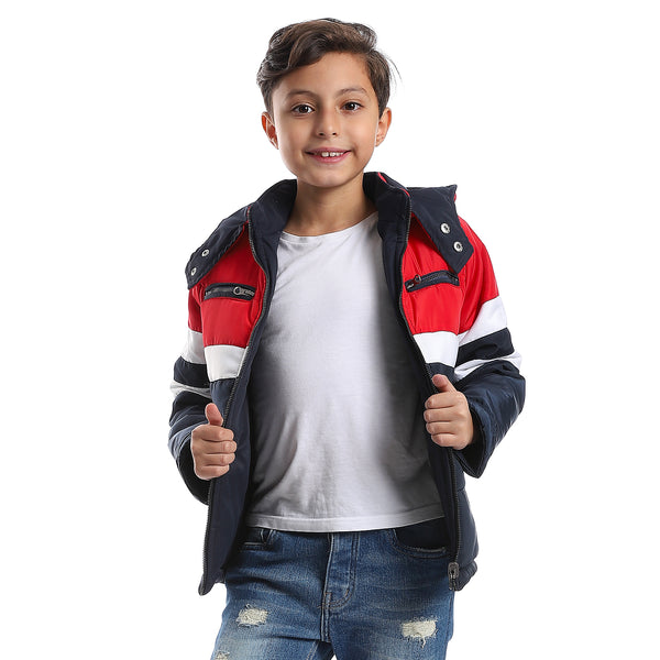 Zipper Closure Double Face Waterproof Boys Jacket - Navy Blue, Red & White