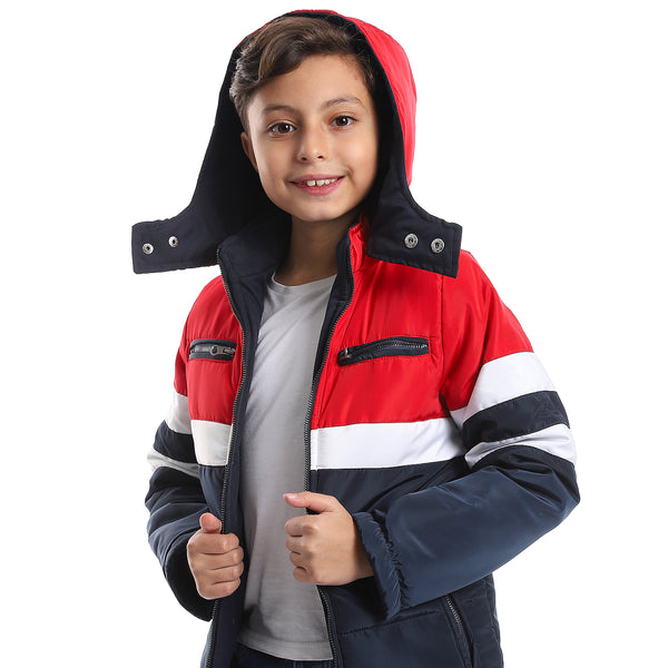 Zipper Closure Double Face Waterproof Boys Jacket - Navy Blue, Red & White