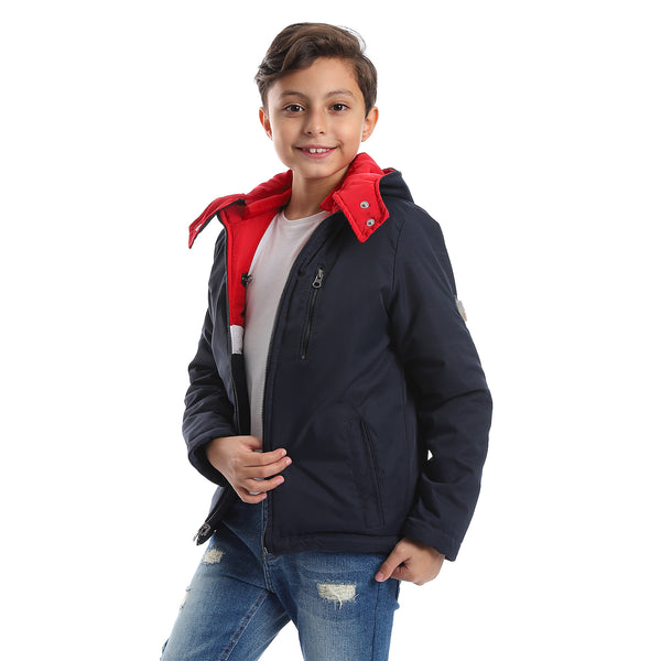 Zipper Closure Double Face Waterproof Boys Jacket - Navy Blue, Red & White