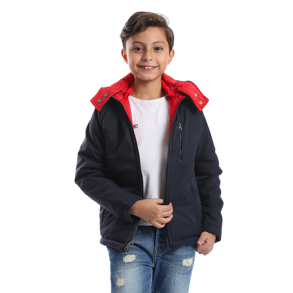 Zipper Closure Double Face Waterproof Boys Jacket - Navy Blue, Red & White