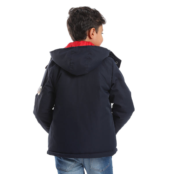 Zipper Closure Double Face Waterproof Boys Jacket - Navy Blue, Red & White