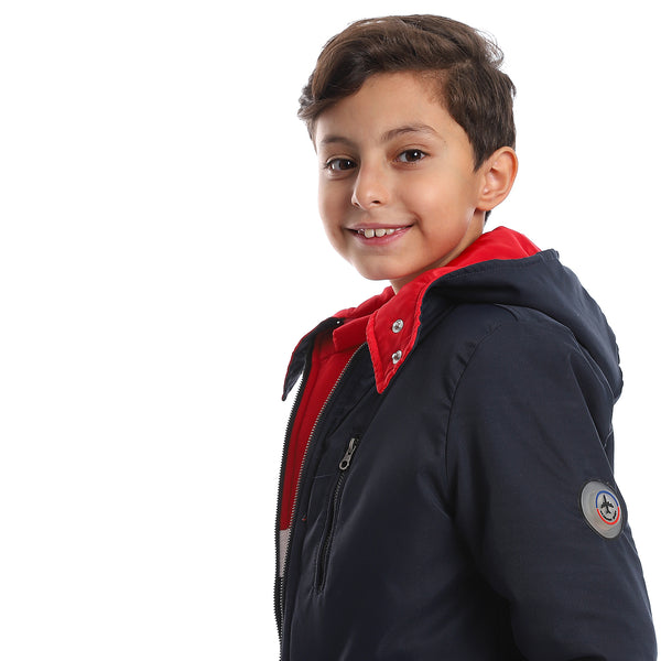 Zipper Closure Double Face Waterproof Boys Jacket - Navy Blue, Red & White