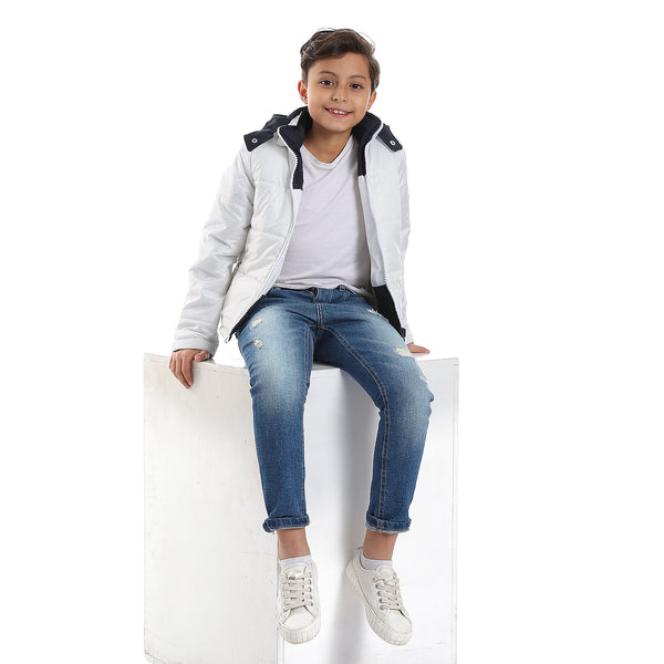 Quilted Pattern Double Face Waterproof Boys Jacket - White & Navy Blue