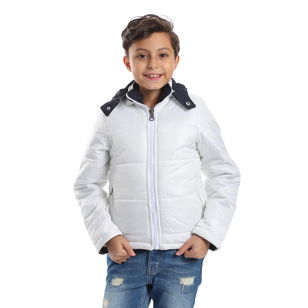 Quilted Pattern Double Face Waterproof Boys Jacket - White & Navy Blue