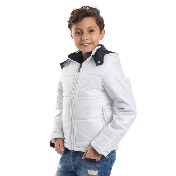 Quilted Pattern Double Face Waterproof Boys Jacket - White & Navy Blue