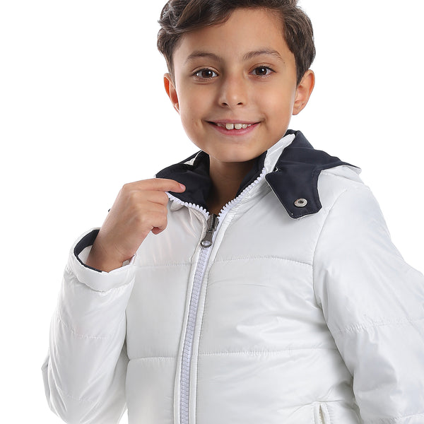 Quilted Pattern Double Face Waterproof Boys Jacket - White & Navy Blue