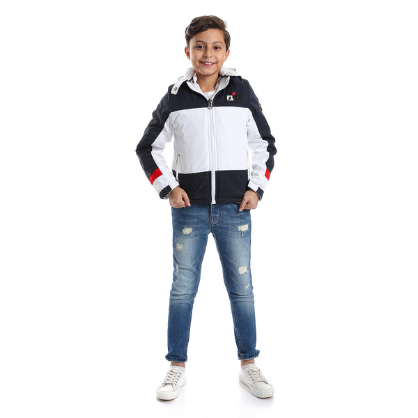 Quilted Pattern Double Face Waterproof Boys Jacket - White & Navy Blue