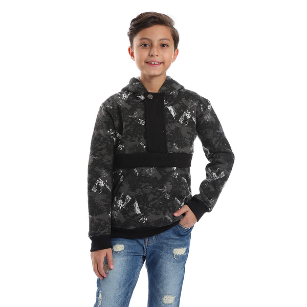 Self Pattern Long Sleeves Worm Boys Hoodie - Grey, White & Black