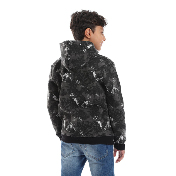 Self Pattern Long Sleeves Worm Boys Hoodie - Grey, White & Black