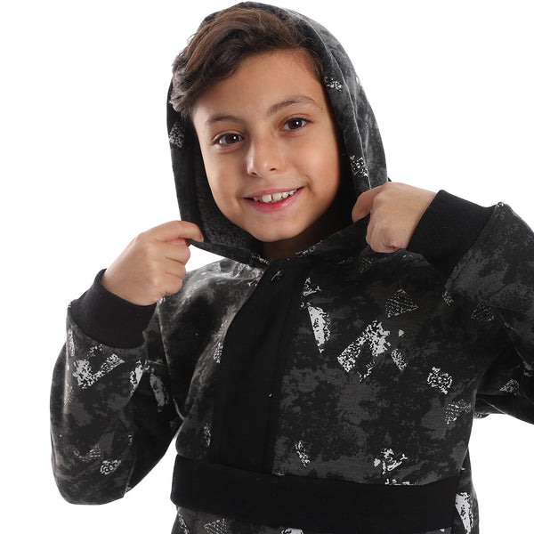 Self Pattern Long Sleeves Worm Boys Hoodie - Grey, White & Black