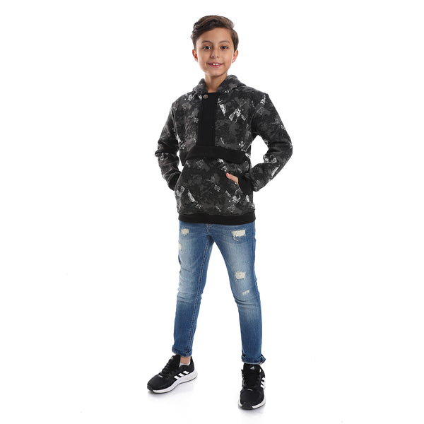 Self Pattern Long Sleeves Worm Boys Hoodie - Grey, White & Black
