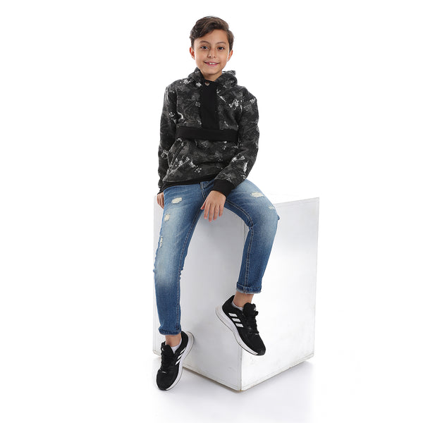 Self Pattern Long Sleeves Worm Boys Hoodie - Grey, White & Black
