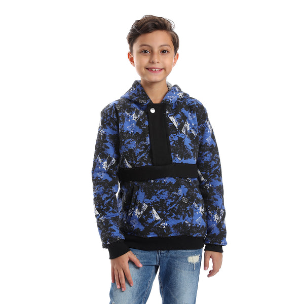 Self Pattern Long Sleeves Worm Boys Hoodie - Royal Blue, White & Black