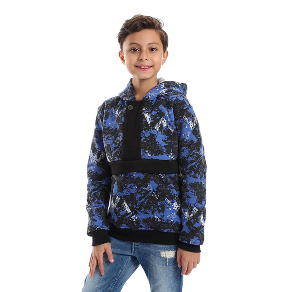 Self Pattern Long Sleeves Worm Boys Hoodie - Royal Blue, White & Black