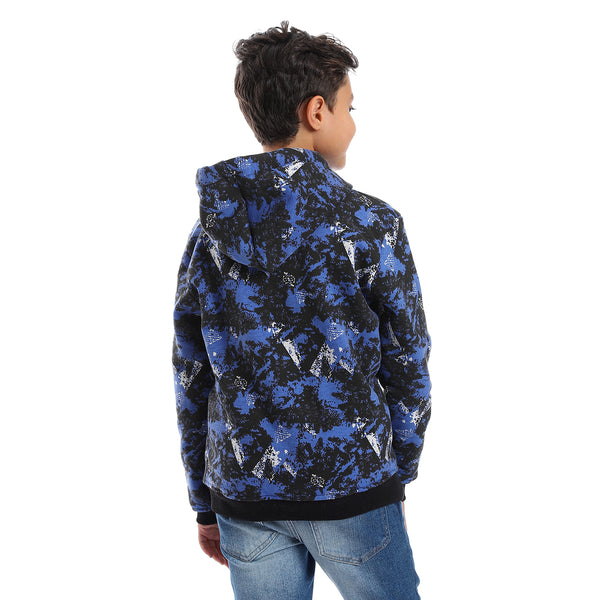 Self Pattern Long Sleeves Worm Boys Hoodie - Royal Blue, White & Black