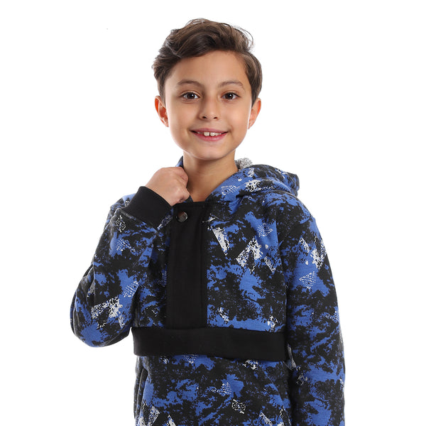 Self Pattern Long Sleeves Worm Boys Hoodie - Royal Blue, White & Black