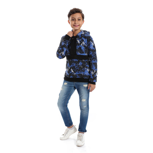 Self Pattern Long Sleeves Worm Boys Hoodie - Royal Blue, White & Black