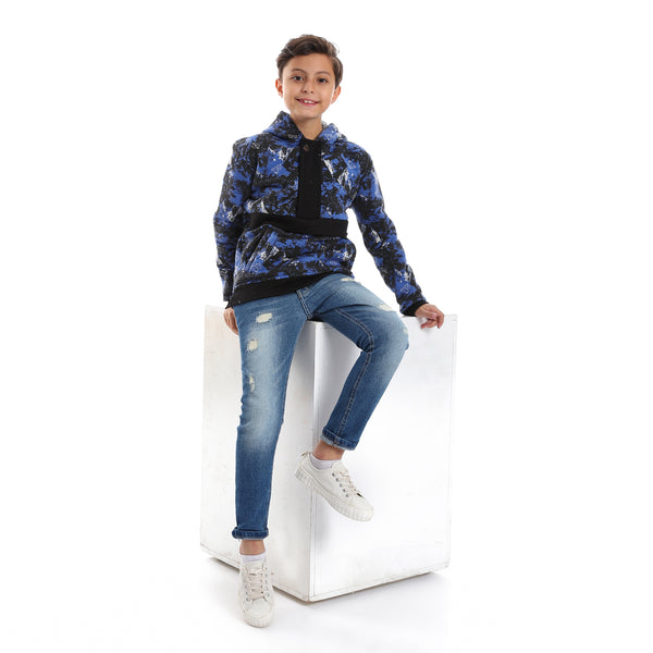 Self Pattern Long Sleeves Worm Boys Hoodie - Royal Blue, White & Black