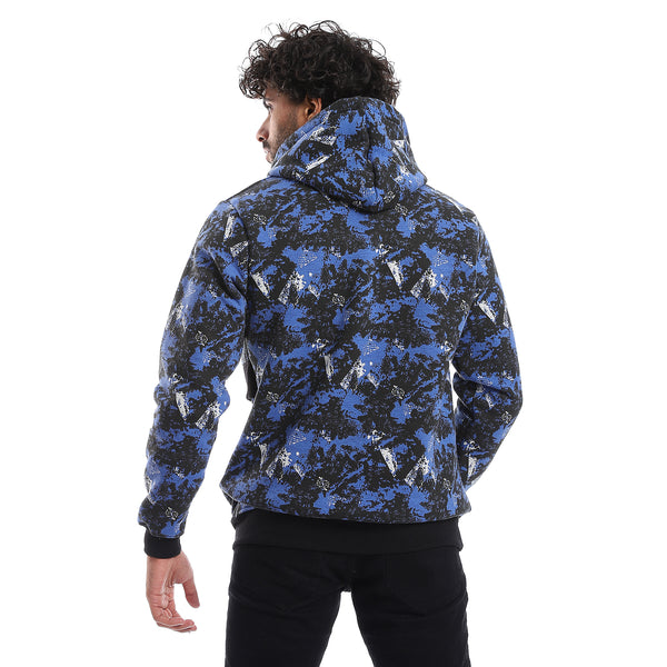 Self Pattern Long Sleeves Worm Hoodie - Royal Blue, White & Black