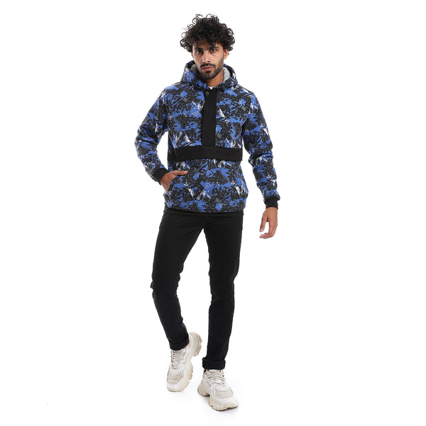 Self Pattern Long Sleeves Worm Hoodie - Royal Blue, White & Black