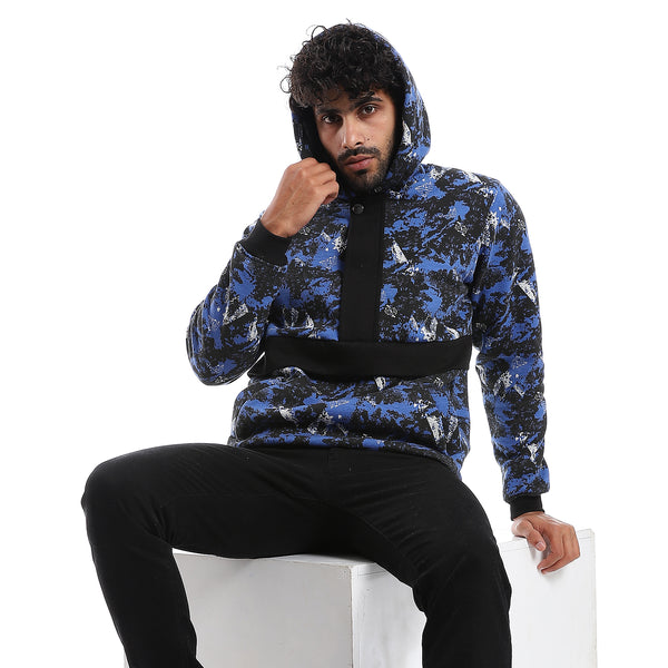 Self Pattern Long Sleeves Worm Hoodie - Royal Blue, White & Black