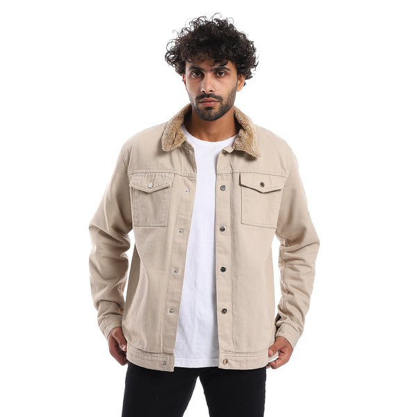Long Sleeves Multi Pockets Fur Padderd Jacket - Beige