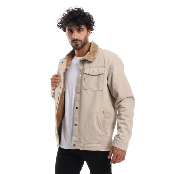 Long Sleeves Multi Pockets Fur Padderd Jacket - Beige