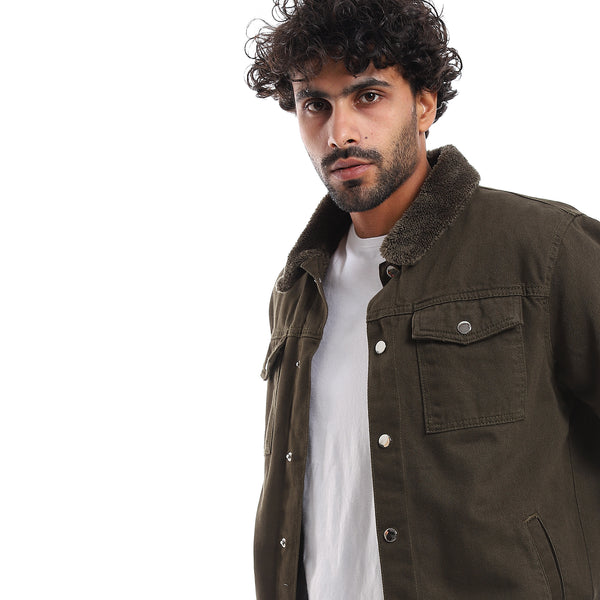 Long Sleeves Multi Pockets Fur Padderd Jacket - Olive Green