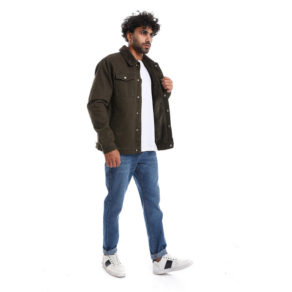 Long Sleeves Multi Pockets Fur Padderd Jacket - Olive Green