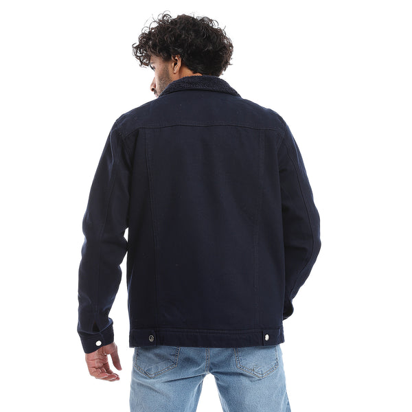 Long Sleeves Multi Pockets Fur Padderd Jacket - Navy Blue