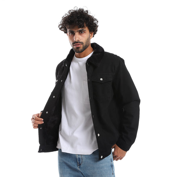 Long Sleeves Multi Pockets Fur Padderd Jacket - Black