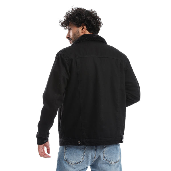 Long Sleeves Multi Pockets Fur Padderd Jacket - Black