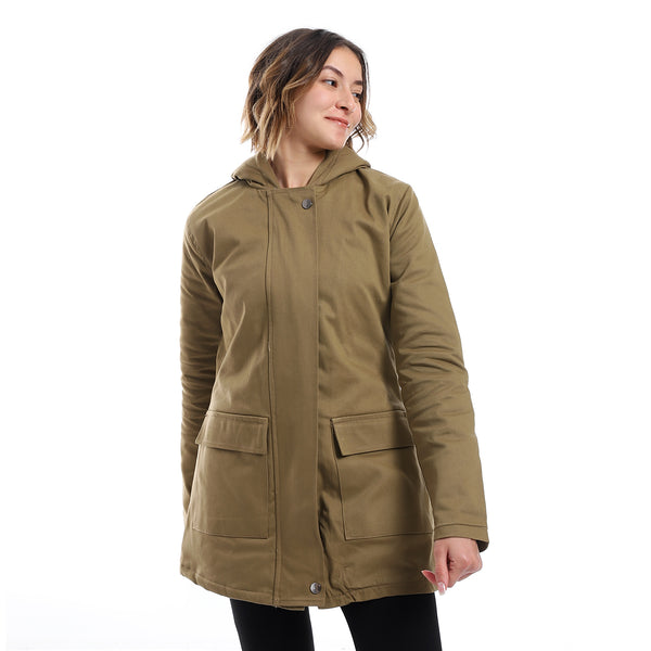 Zipper Closure Padded Balmacaan Jacket - Khaki Brown