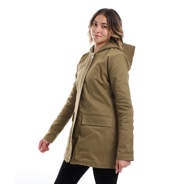 Zipper Closure Padded Balmacaan Jacket - Khaki Brown