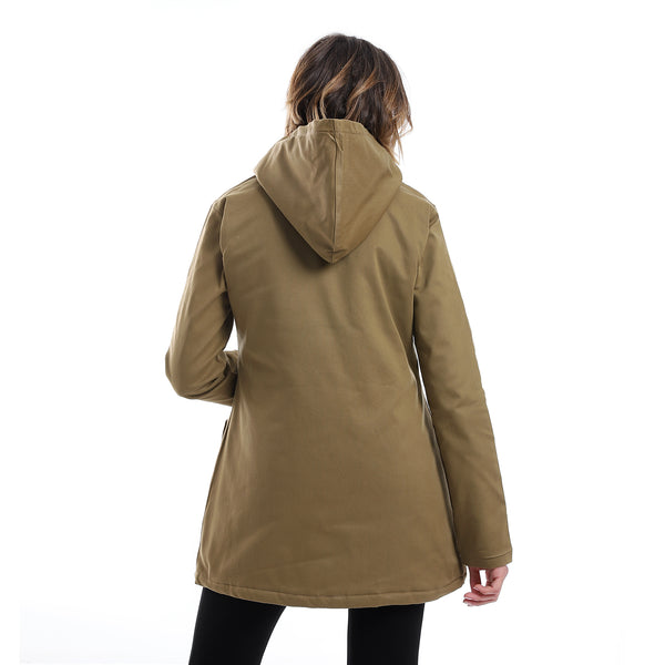 Zipper Closure Padded Balmacaan Jacket - Khaki Brown