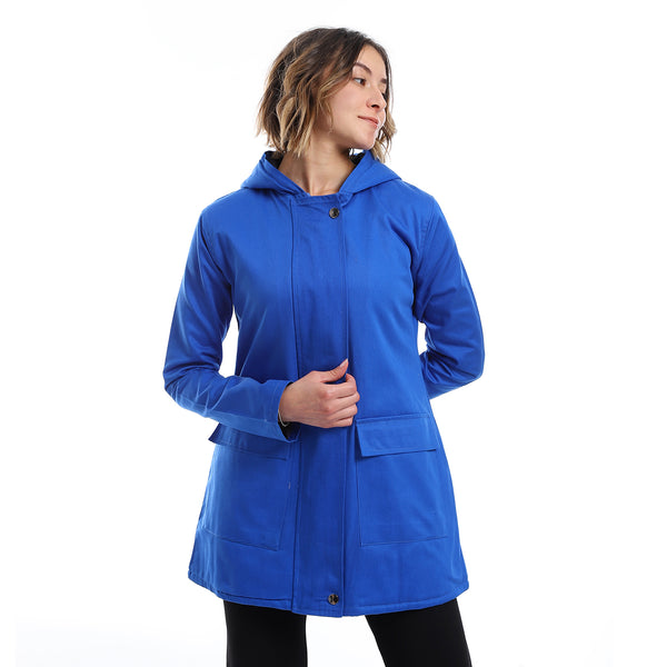 Zipper Closure Padded Balmacaan Jacket - Royal Blue